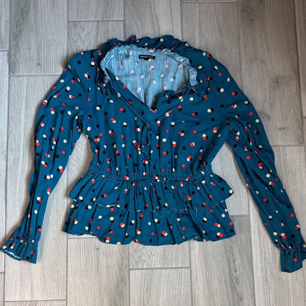 Who What Wear Teal Blouse with Polka Dots